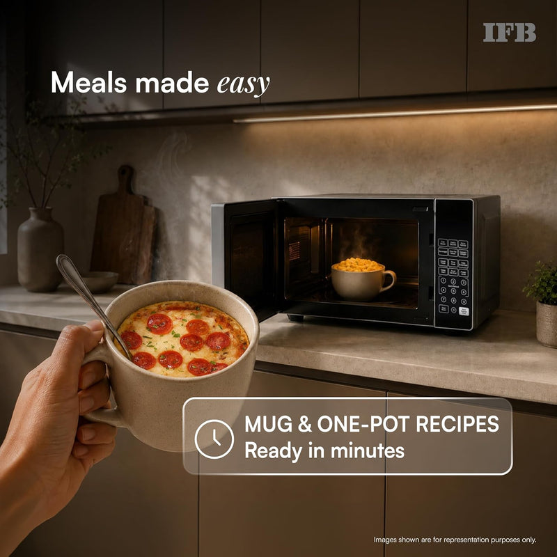 IFB 24L Solo Microwave Oven with 69 Auto Cook Menus (24PM2S, Silver, Mug Recipes, Steam Clean, Auto Reheat, Preset Timer