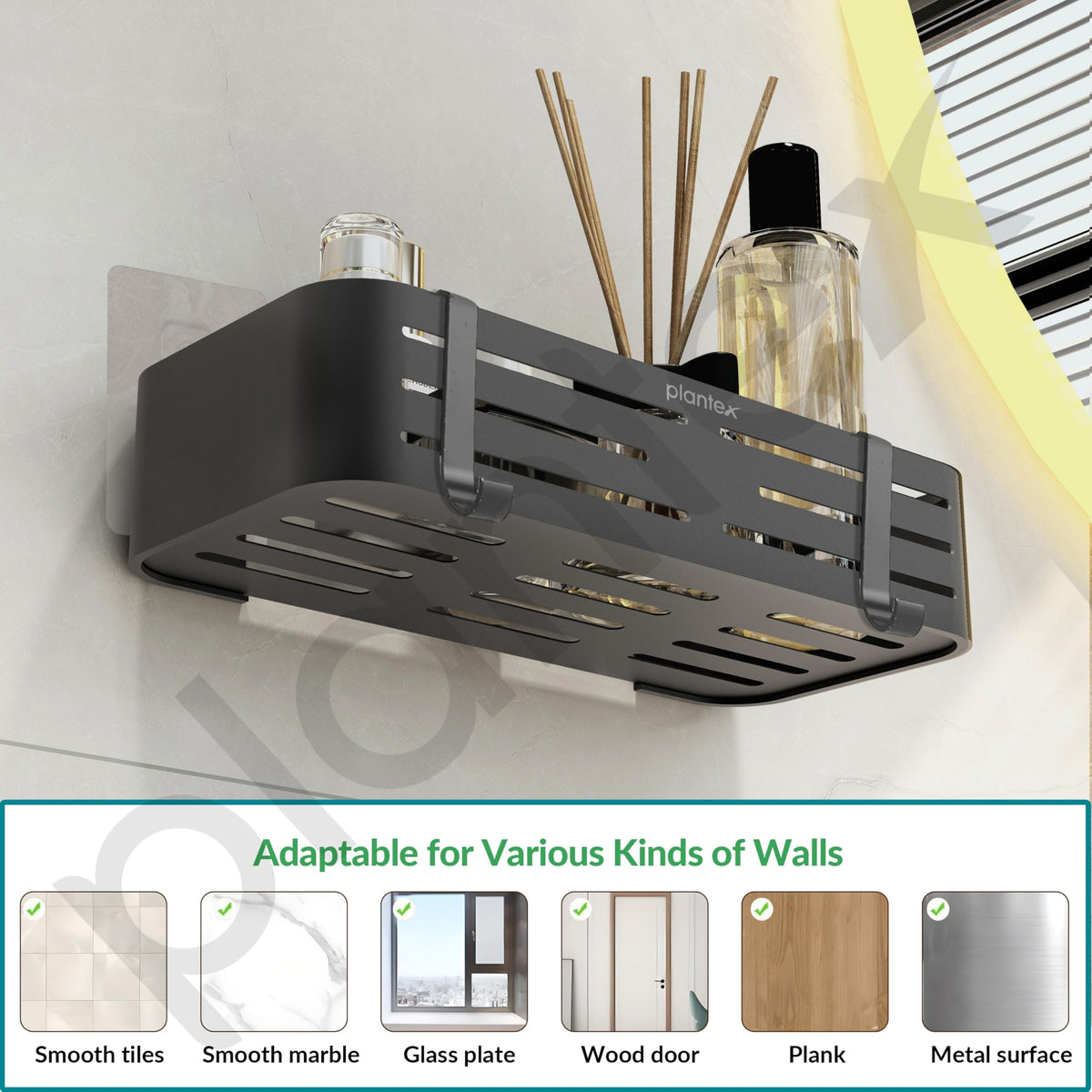 Plantex Bathroom Organizer Without Drill/Aluminium Wall Mounted Rack for Kitchen with Removable Hook/Self Adhesive Shelf for Bathroom- Pack of 1 (12 x 5 Inch - Matt Grey)-6