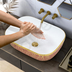 Plantex Ceramic Washbasin for Bathroom/Designer Countertop Basin/Rectangle Tabletop Wash Basin for Home/Office/Hotel (18x13x5 Inch - White & Gold)-6