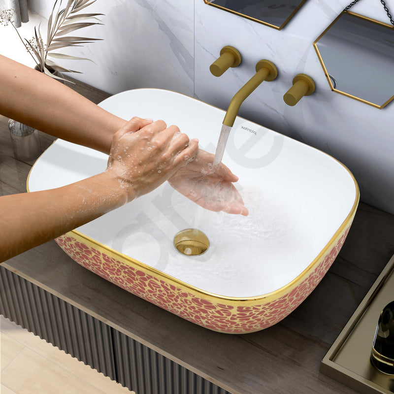 Plantex Ceramic Washbasin for Bathroom/Designer Countertop Basin/Rectangle Tabletop Wash Basin for Home/Office/Hotel (18x13x5 Inch - White & Gold)-6