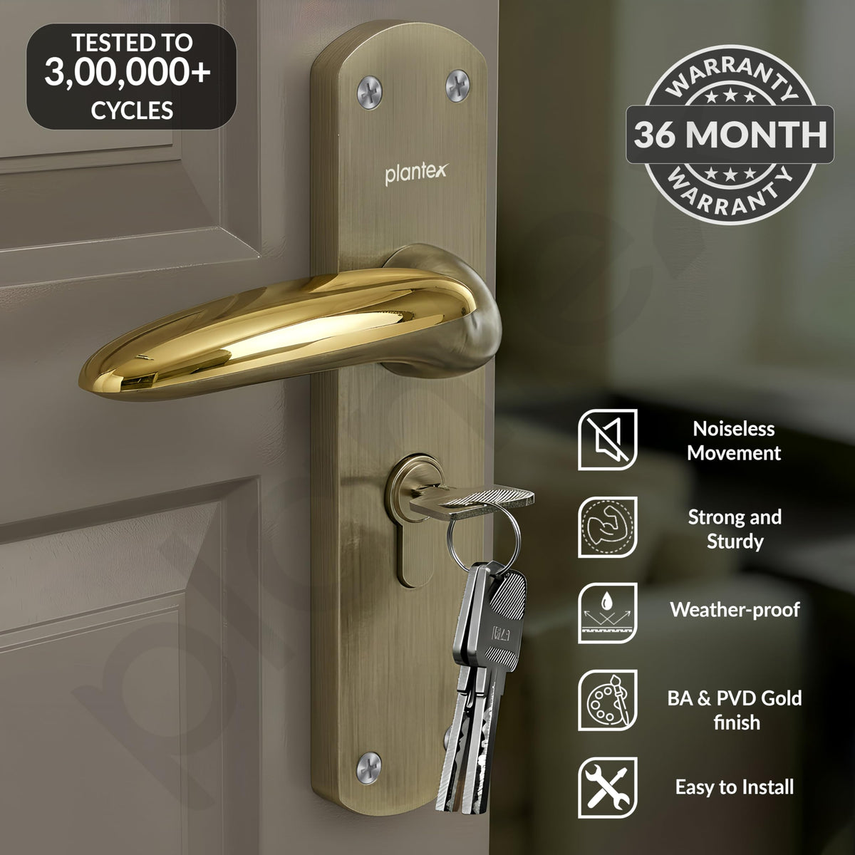 Plantex Heavy-Duty Door Lock/Door Handle Lock Set 6-Lever Lock Mechanism/Mortise Lock with 3 Keys, Brass Lockbody & Cylinder (8134 - Brass Antique & PVD Gold)-2