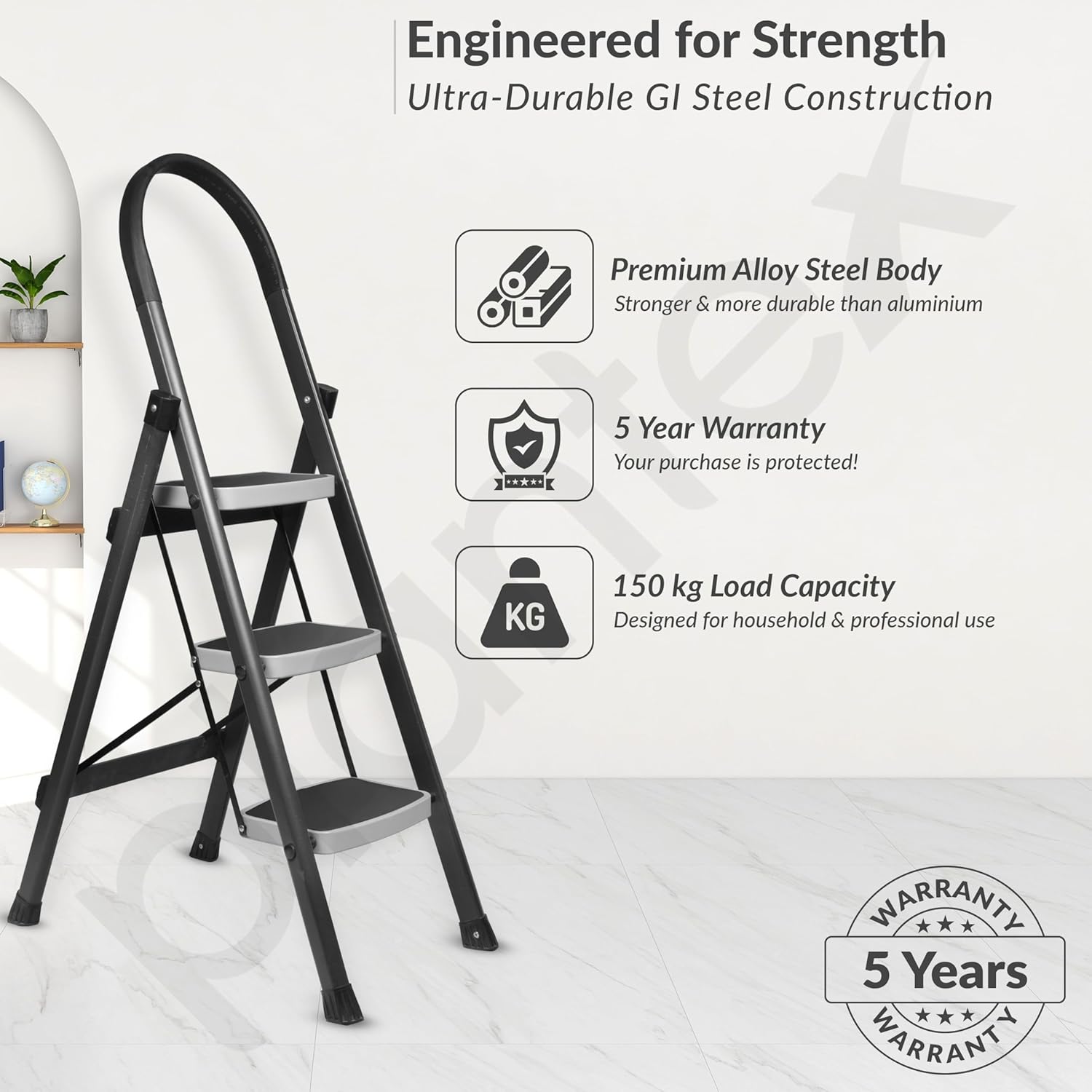 Plantex Steel 3 Step Ladder for Home/Wide Anti Skid 3 Step Ladder Foldable/5 Year Manufacturer Warranty By Plantex(Gray & White)