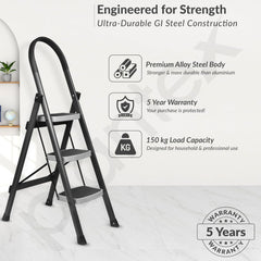 Plantex Steel 3 Step Ladder for Home/Wide Anti Skid 3 Step Ladder Foldable/5 Year Manufacturer Warranty By Plantex(Gray & White)