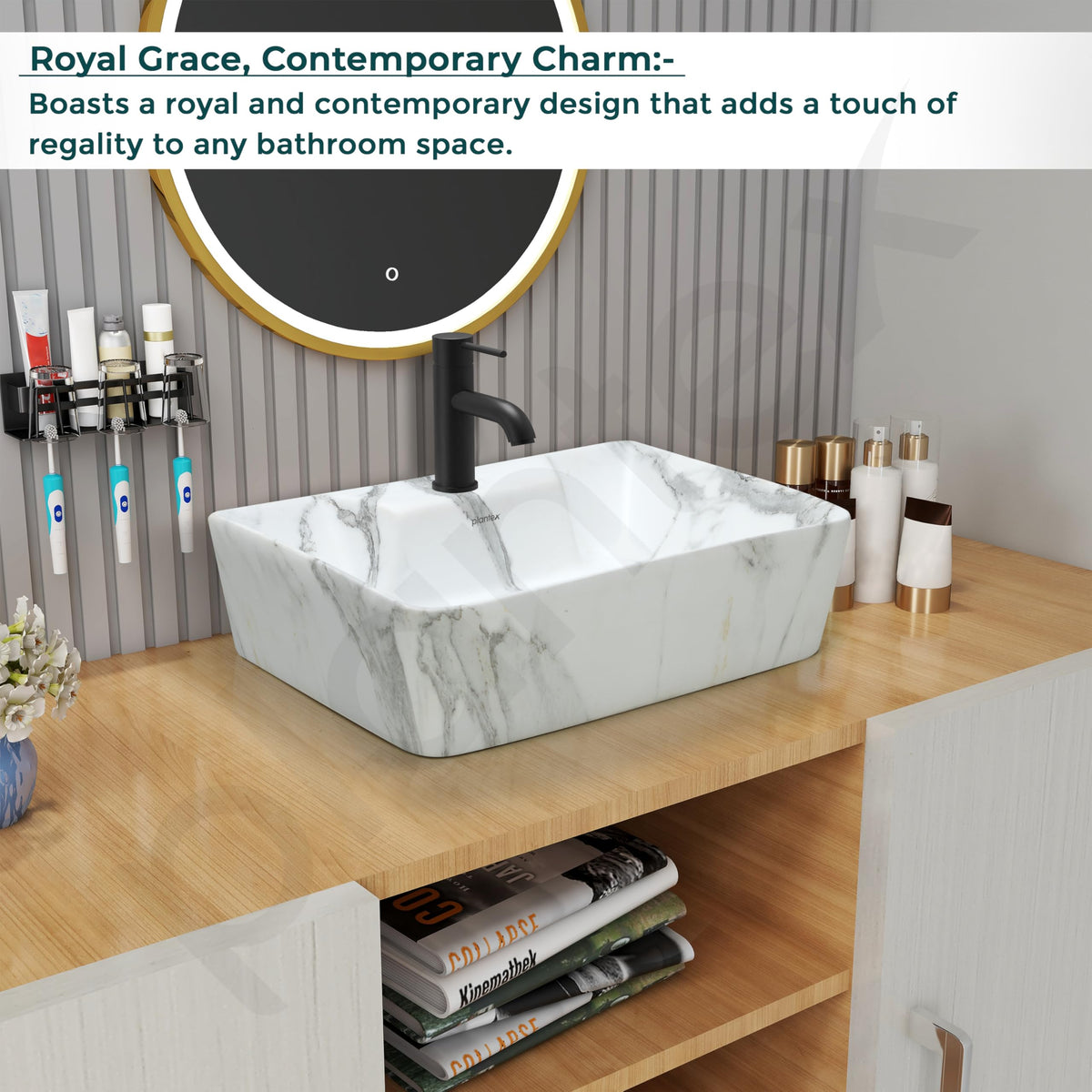 Plantex Ceramic Wash Basin for Bathroom/Rectangle Wall Mount Basin/Bathroom Sink/Washbasin for Restaurant/Hotel (Marble Finish - 16 x 12 x 5 Inch)-2