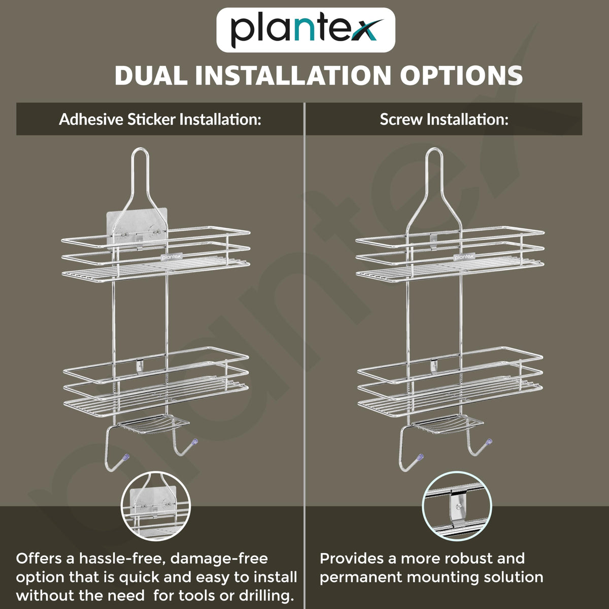 Plantex No Drill Bathroom Organiser/Shower Caddy for Bathroom Hanging/5in1 Stainless Steel Shelf with Soap Holder and Hooks (Big Size-Square Shape-Chrome Finish)-6