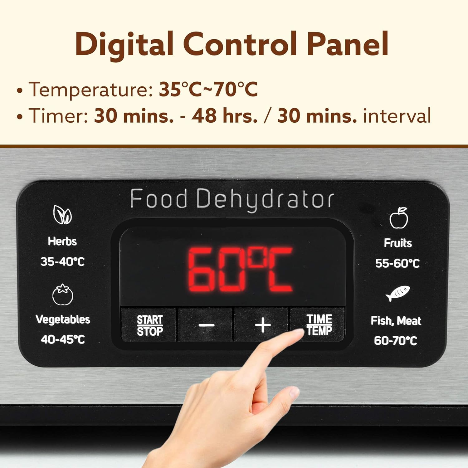 AGARO Regal Food Dehydrator, 5 Stackable Stainless Steel Trays, Digital Adjustable Timer & Temperature Control, Food Preserver Machine with Drying Capacity for Fruits, herbs, Veggies, Silver