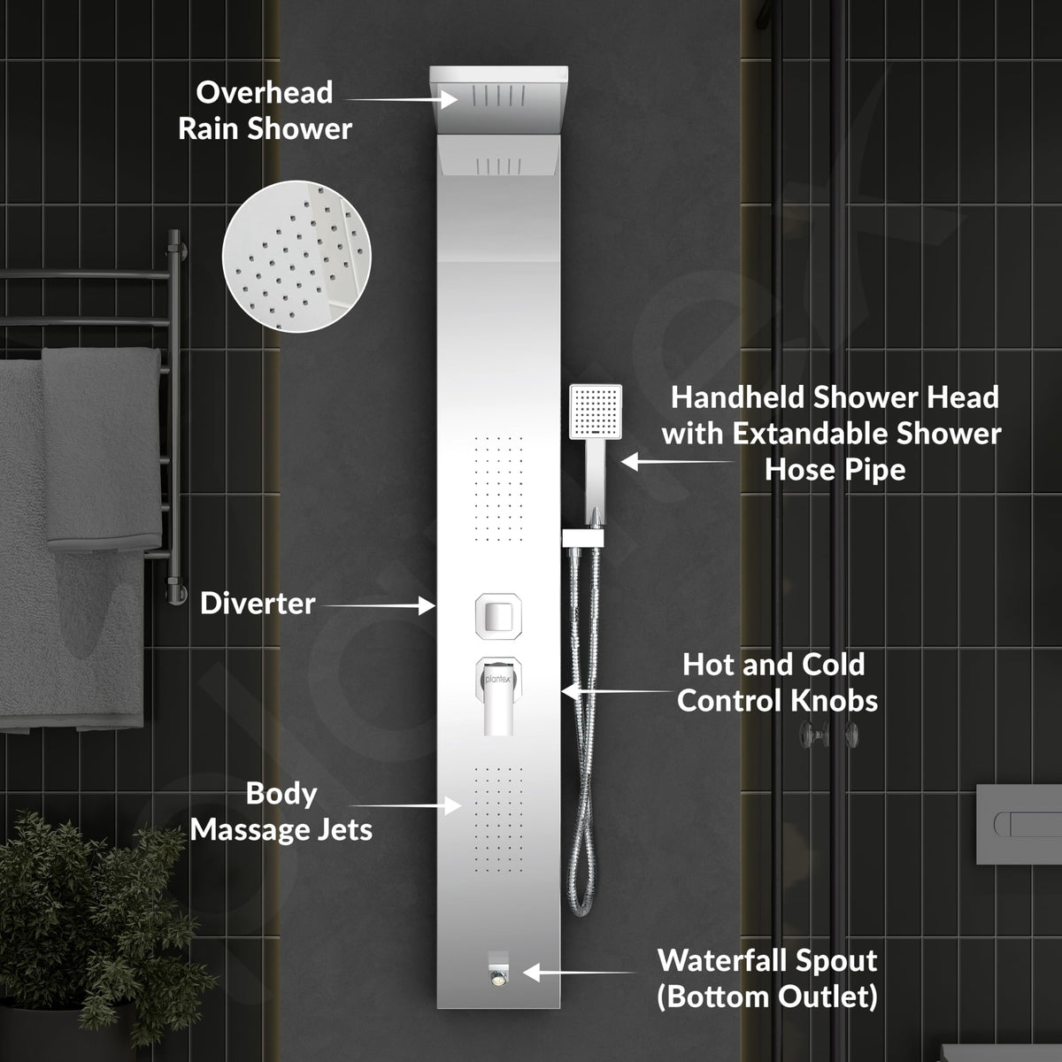 Plantex 304 Grade Stainless Steel Shower Panel for Bathroom with Showerhead/Hand Shower/Body Massage Jets/Bathroom Shower System-(KM-8111)-3