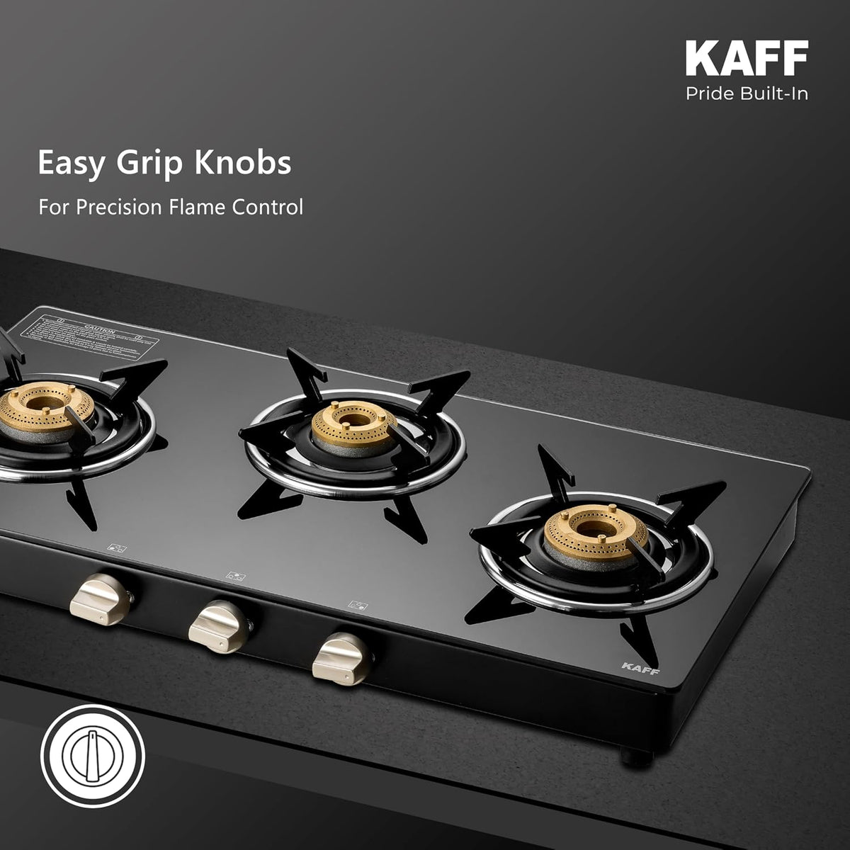 Kaff CTC 77 3B Gas Stove/Cooktop 3 Burners with Manual Ignition 77 CM, High Efficiency Brass Burners, Black Tempered Gla