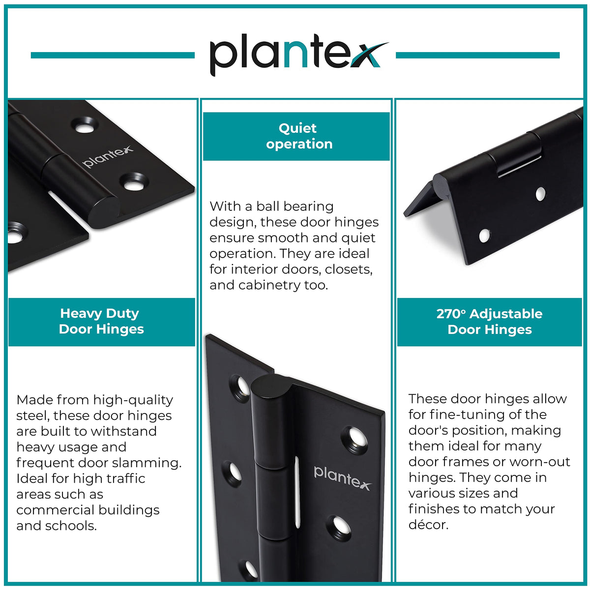 Plantex Heavy Duty Stainless Steel Door Butt Hinges 5 inch x 12 Gauge/2.5 mm Thickness Home/Office/Hotel for Main Door/Bedroom/Kitchen/Bathroom - Pack of 6 (Black)-6