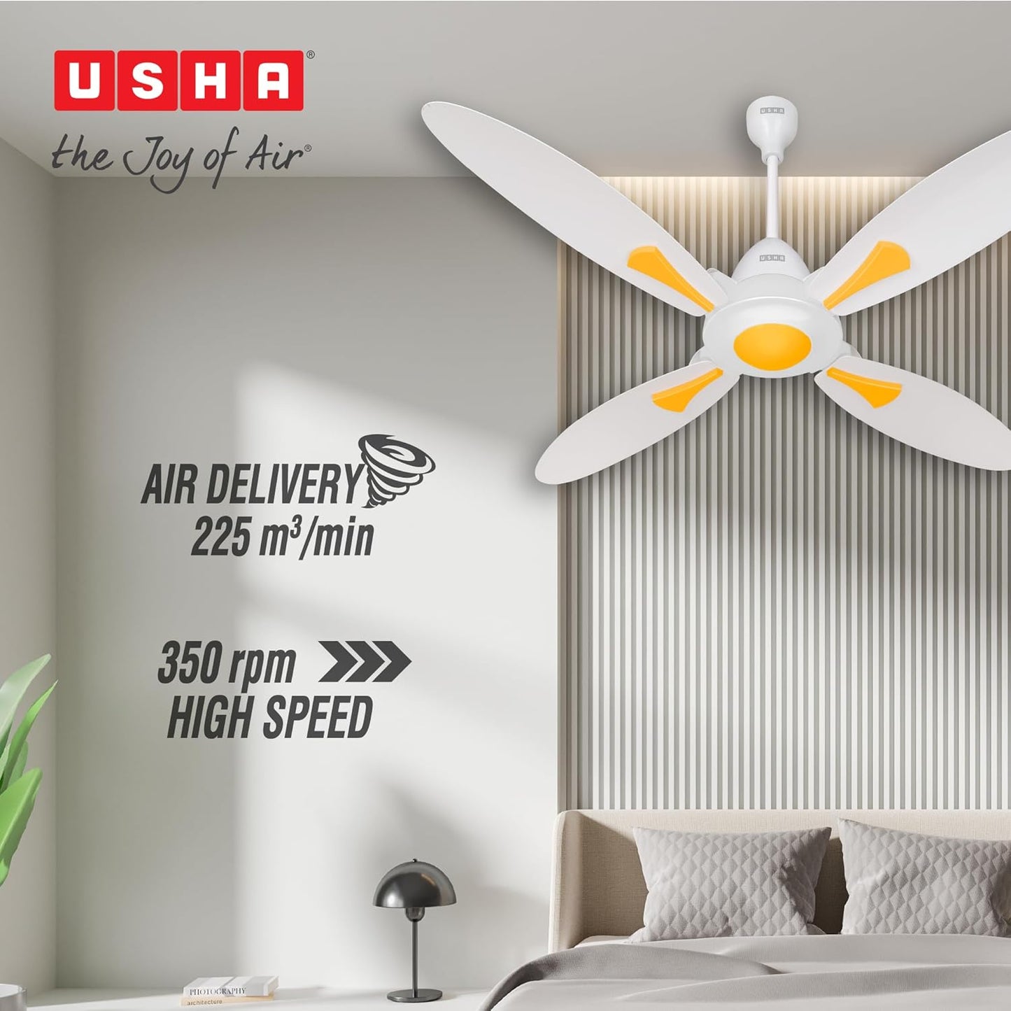 USHA New Bloom Series Dahlia (Inspired by Dahlia) 4-Blade BLDC Ceiling Fan with Bi-Directional Feature | Sleep/Boost/Timer Modes | RF Remote | Dust-Resistant | Whisper-Quiet (White & Saffron Yellow)