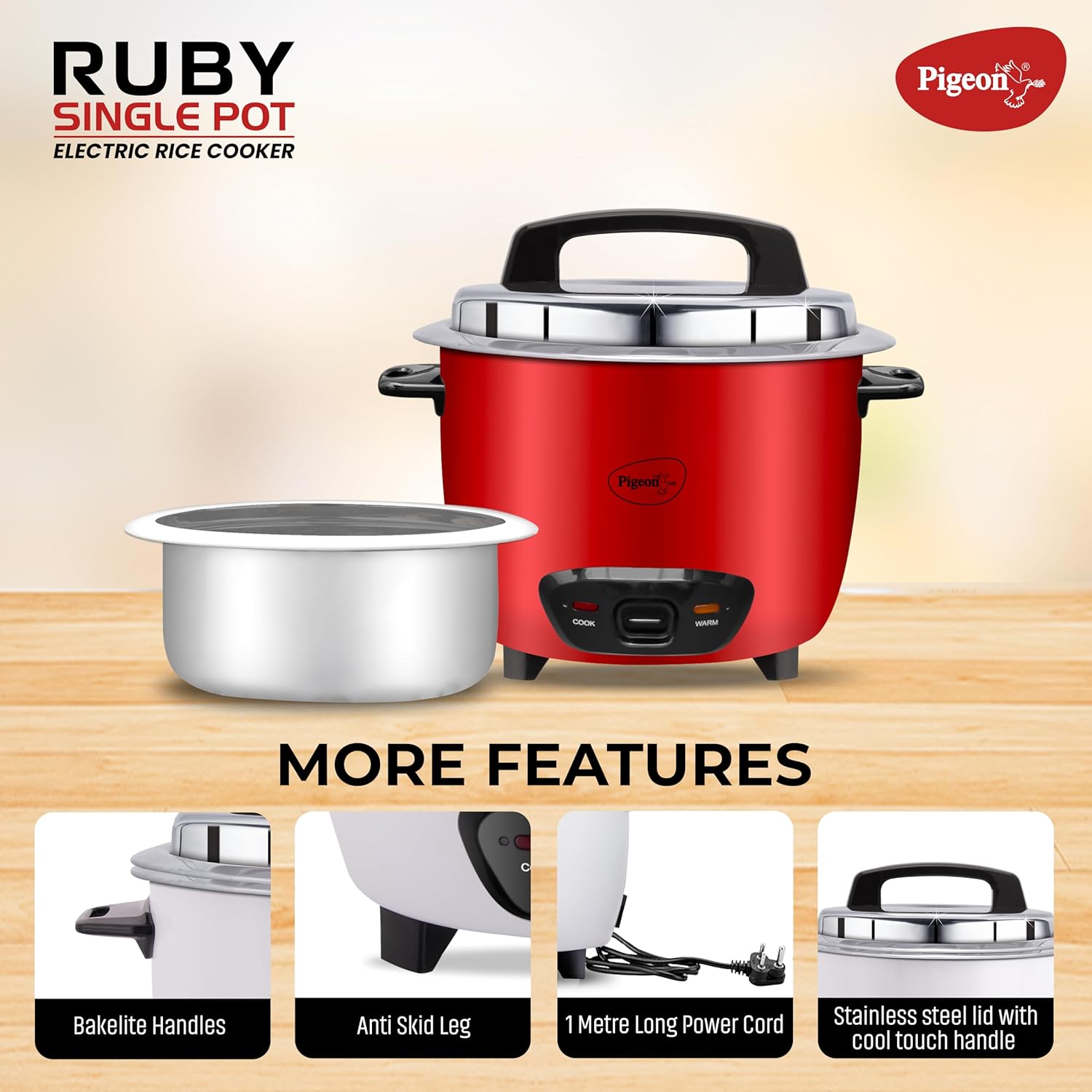 Pigeon by Stovekraft Ruby Rice Cooker with Single pot, 1.8 litres.(Red) | Toughened Glass Lid | 700 Watts | 1 Aluminium Cooking Pot | Measuring Cup| Spatula | Energy Efficient Cooking