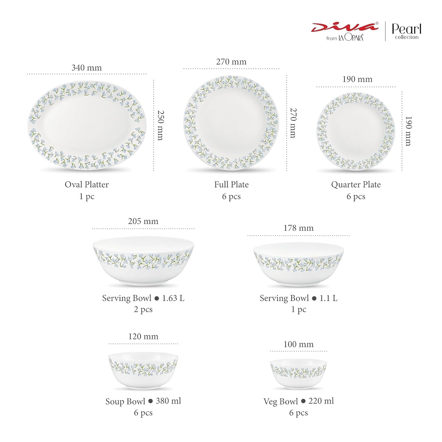 Diva by La Opala, Pearl Collection, Opal Glass Dinner Set 28 pcs, Silky Cluster, White