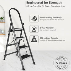 Plantex Steel 4 Step Ladder for Home/Wide Anti Skid 4 Step Ladder Foldable/5 Year Manufacturer Warranty By Plantex (Gray & White)