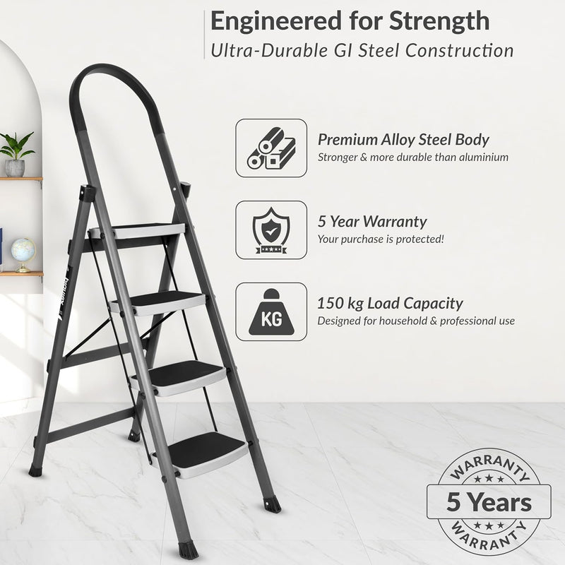 Plantex Steel 4 Step Ladder for Home/Wide Anti Skid 4 Step Ladder Foldable/5 Year Manufacturer Warranty By Plantex (Gray & White)