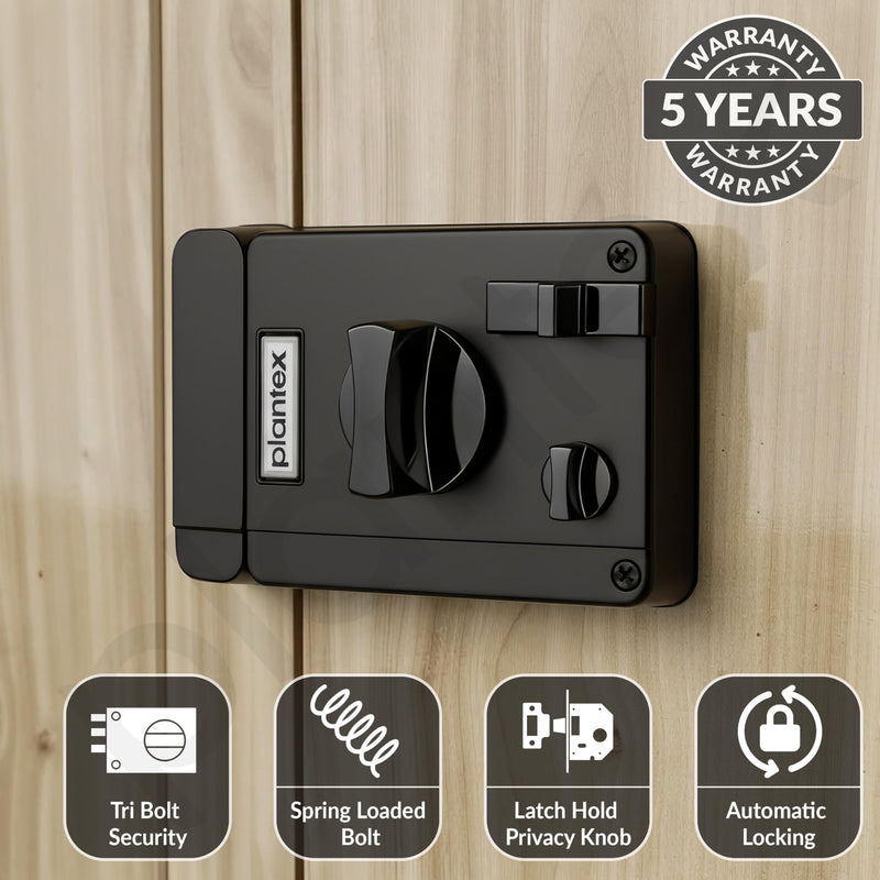 Plantex Heavy Duty Rim Locks for Main Door/Door Lock for Main Door with 4 Keys/Suitable for Inside Opening Wooden Door - Pack of 1 (Z-Black)-2