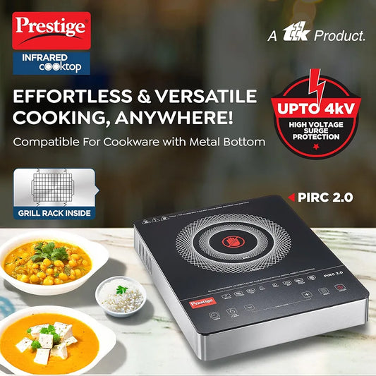 Prestige PIRC 2.0 2000 Watts Infrared Dual Heating Zone Cooktop |High Voltage Surge Protection| Dual Heat Mode| Radiant Heating Technology| Feather Touch Buttons| Stainless Steel Body| Black & Silver