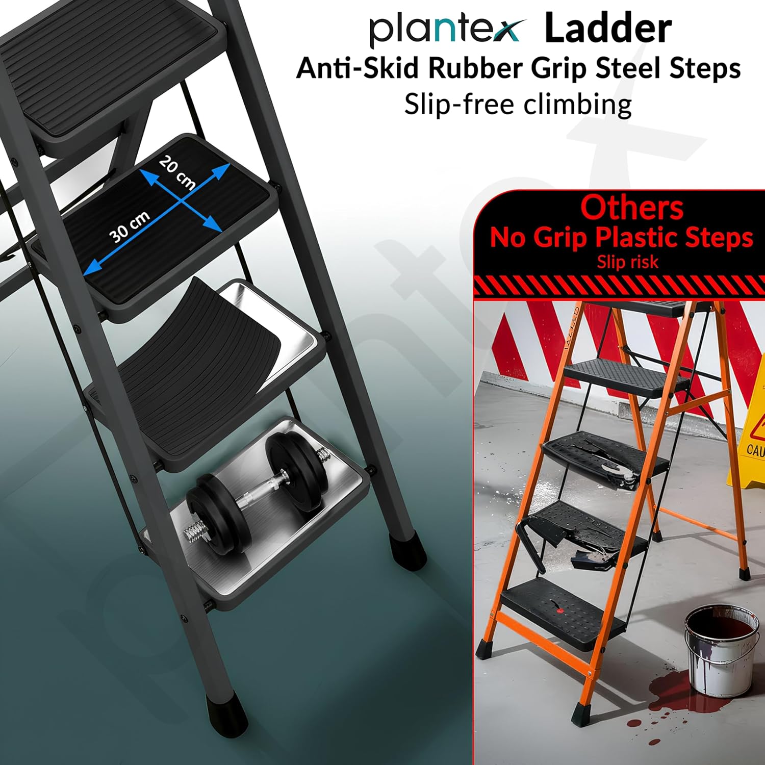 Plantex Ladder for Home 5 Steps/Foldable Ladder with Anti-Skid Wide Steps (30L x 20W cm)/Strong D-Shape Pipe with X-Support for More Stability/5 Year Warranty(Apex-Black)