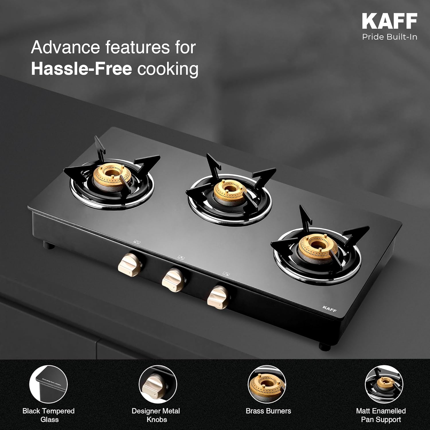 KAFF 3 Burner Gas Stove Top for Kitchen - 71CM Manual Ignition Cooktop| Modern Glass Stove for Modular Kitchen, ISI Certified & Compatible with LPG (Black)