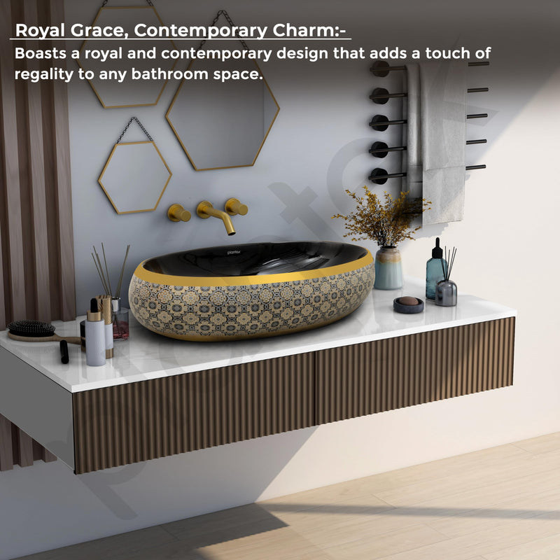 Plantex Tabletop Wash Basin for Bathroom/Designer Ceramic Basin/Countertop Vessel Sink Basin for Home/Hotel - (Black & Gold - 23.5 x 16 x 6 inch)-2