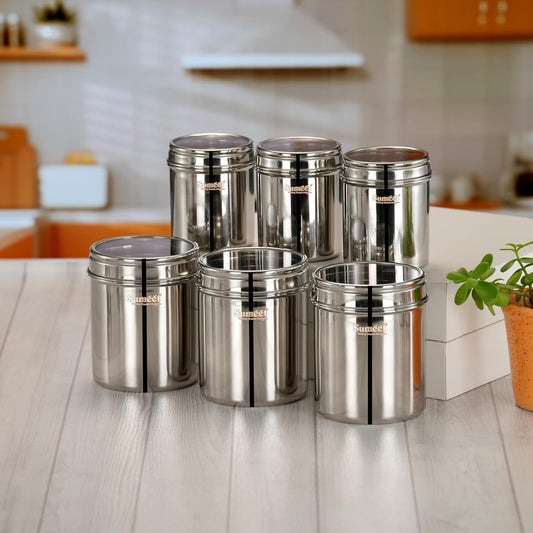Sumeet Stainless Steel Small Containers/Jars/Dabba for Kitchen Storage with See Through Lids - set of 6Pcs, 400ml + 750ml capacity, 7.3cm & 9cm Dia, Silver