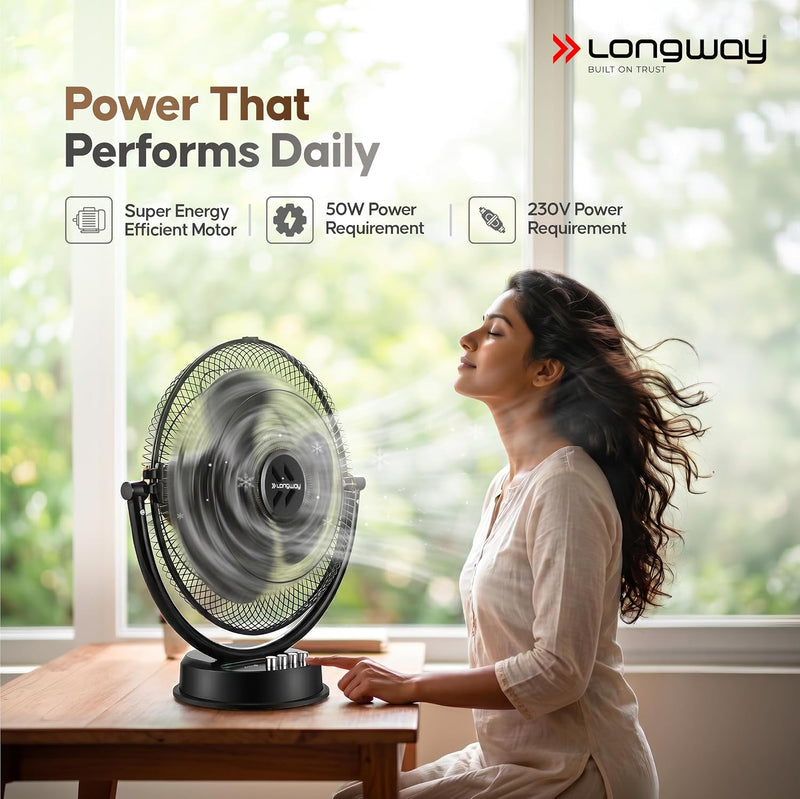 LONGWAY Speedy P1 300 mm/12 inch Ultra High Speed 3 Blade Anti-Dust Decorative Star Rated Table Fan (Black)-3