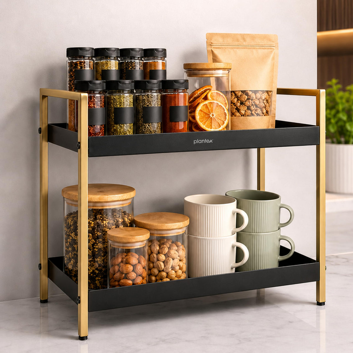 Plantex 2-Tier Standing Spice Rack/Bathroom Countertop Storage Shelf Organizer/Kitchen Storage Rack/Multipurpose Stand - Black (16 X 8 X 12 Inch)-1