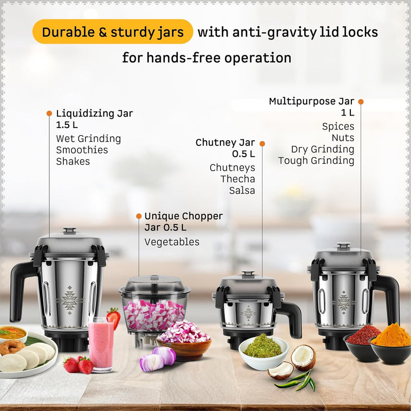 Atomberg Tavi Mixer Grinder | 𝟏𝟏𝟎𝐕 𝐎𝐧𝐥𝐲 𝐟𝐨𝐫 𝐔𝐒 & 𝐂𝐚𝐧𝐚𝐝𝐚 | Unique Coarse Mode for Silbatta-Like Texture | Intelligent 600W Motor | 4 Jars Including Chopper Jar | Matte Black