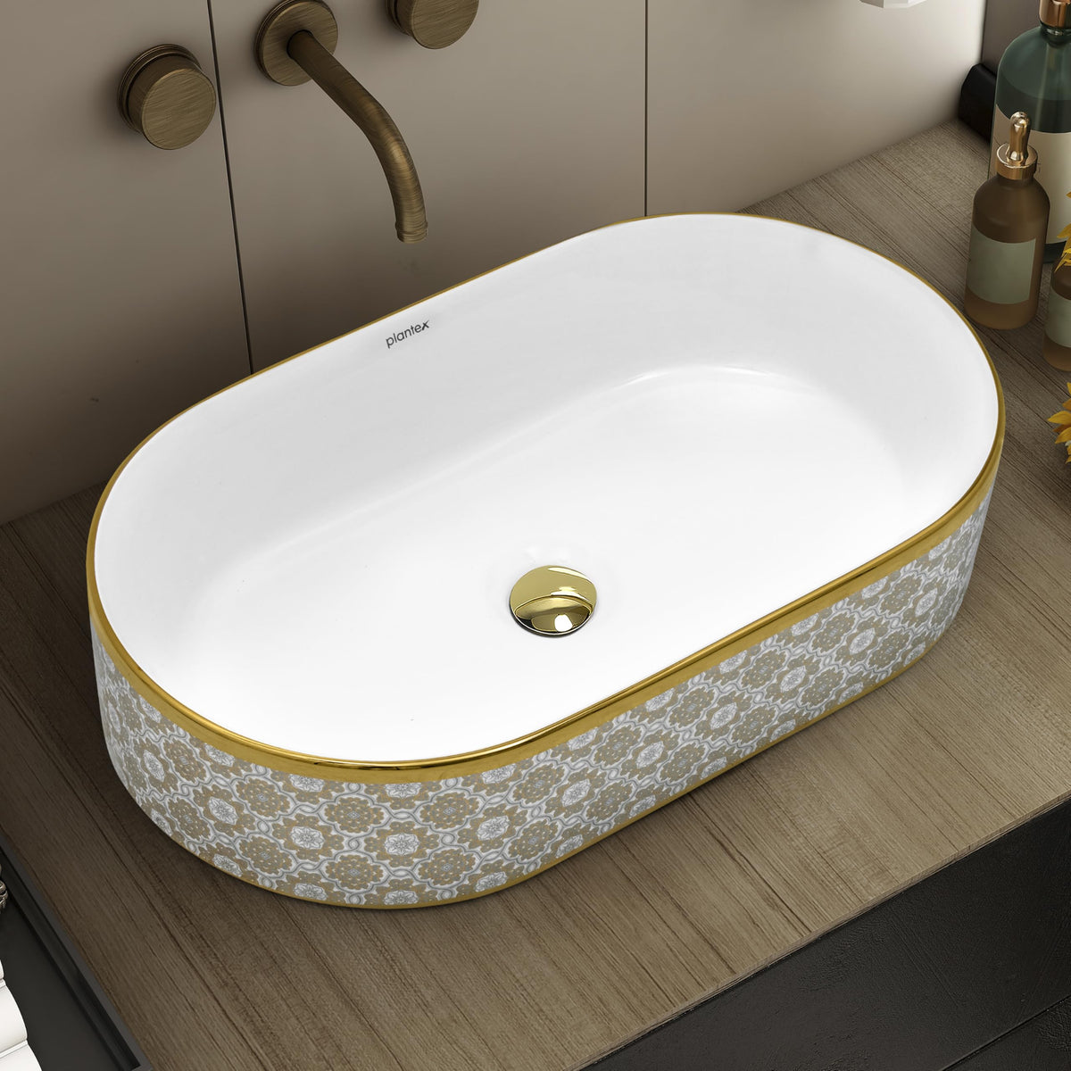 Plantex Designer Washbasin for Bathroom/Ceramic Countertop Basin/Oval Tabletop Wash Basin/Hand Wash Sink for Restaurant/Hotel (20.5x12x4.5 inch - White & Gold)-1