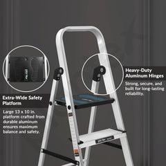 Plantex Big Foot 4 Step Ladder for Home/Fully Aluminium Folding Ladder/Wide Anti-Skid Steps (Black-Silver)