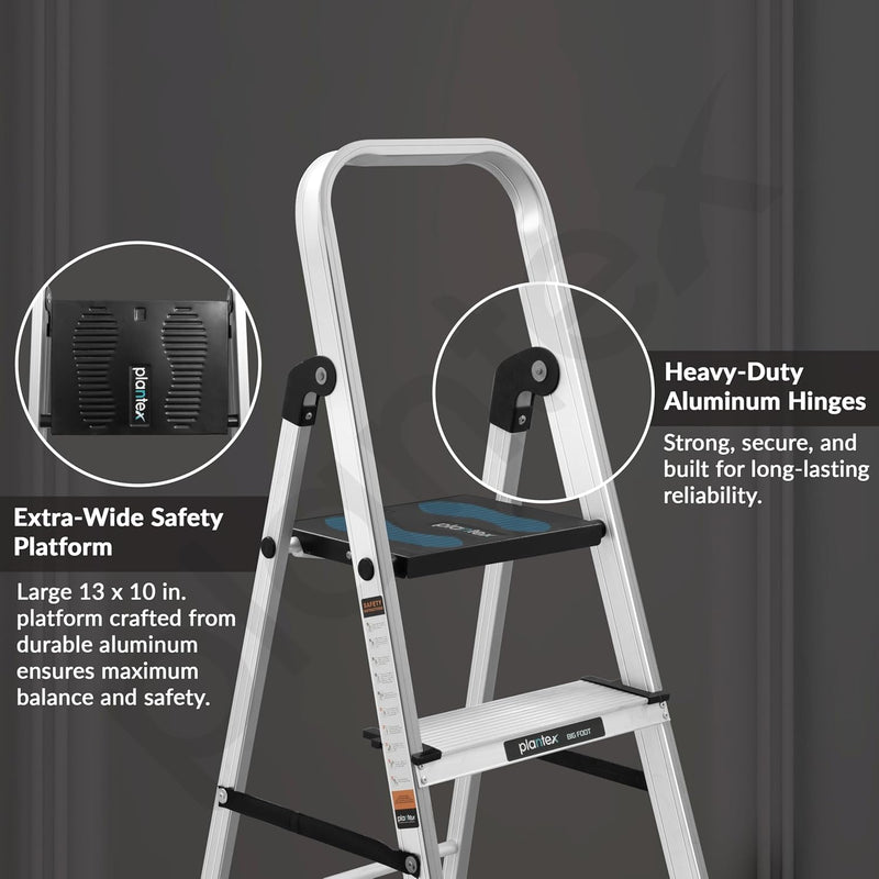 Plantex Big Foot 4 Step Ladder for Home/Fully Aluminium Folding Ladder/Wide Anti-Skid Steps (Black-Silver)