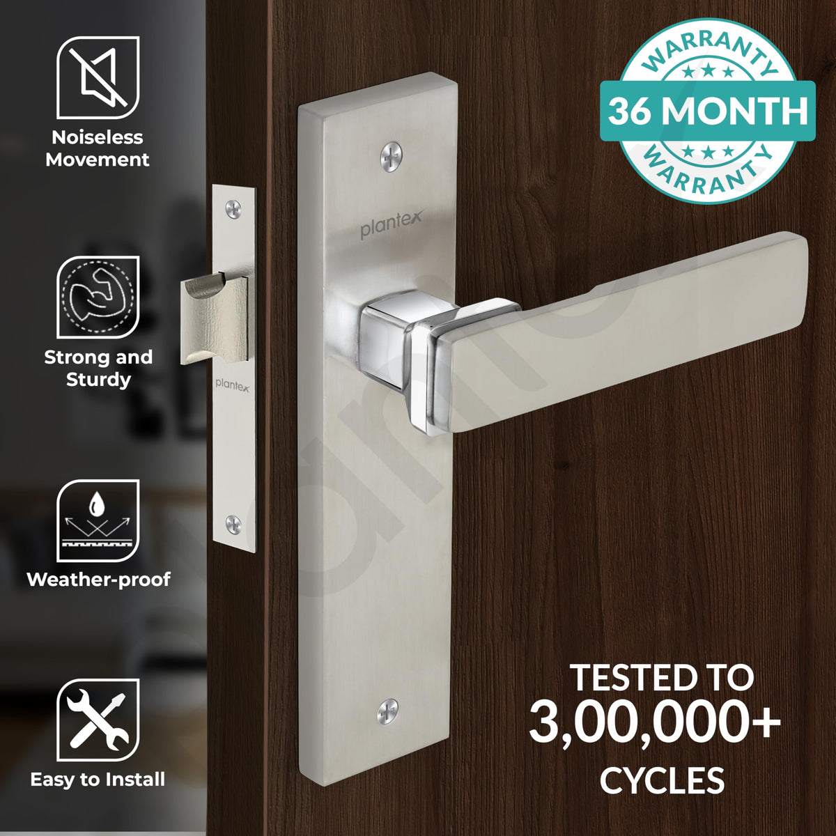 Plantex Heavy Duty Door Lock “ Bathroom Door Lock/Mortise 8inch Keyless Plate Handle Set for Home/Bathroom/Store Room/Balcony/Office with Baby Latch (8116, Satin Steel and Chrome)-2