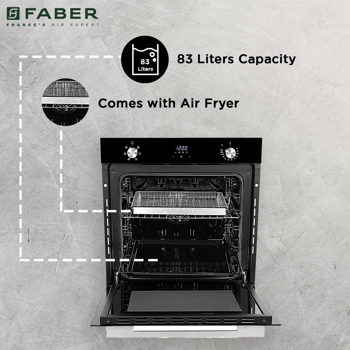 Faber 83L 6F Air Fryer Built-in Oven|360° Grill with In-Chamber Light|Auto Program with Digital Timer|Touch/Knob Control
