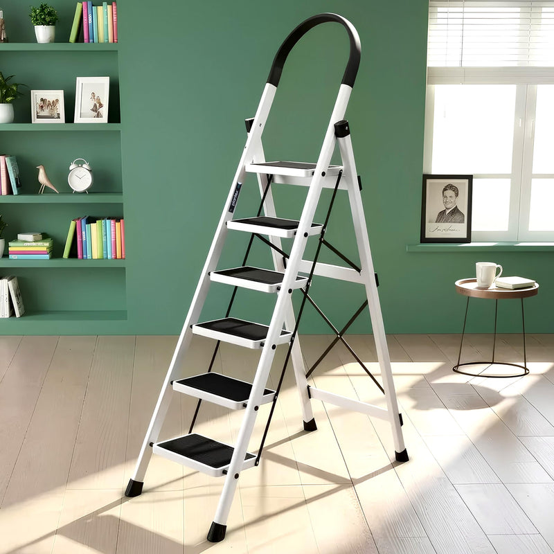 Plantex Ladder for Home 4 Steps/Foldable Ladder with Anti-Skid Wide Steps (30L x 20W cm)/Strong D-Shape Pipe with X-Support for More Stability/5 Year Warranty(Apex-White)
