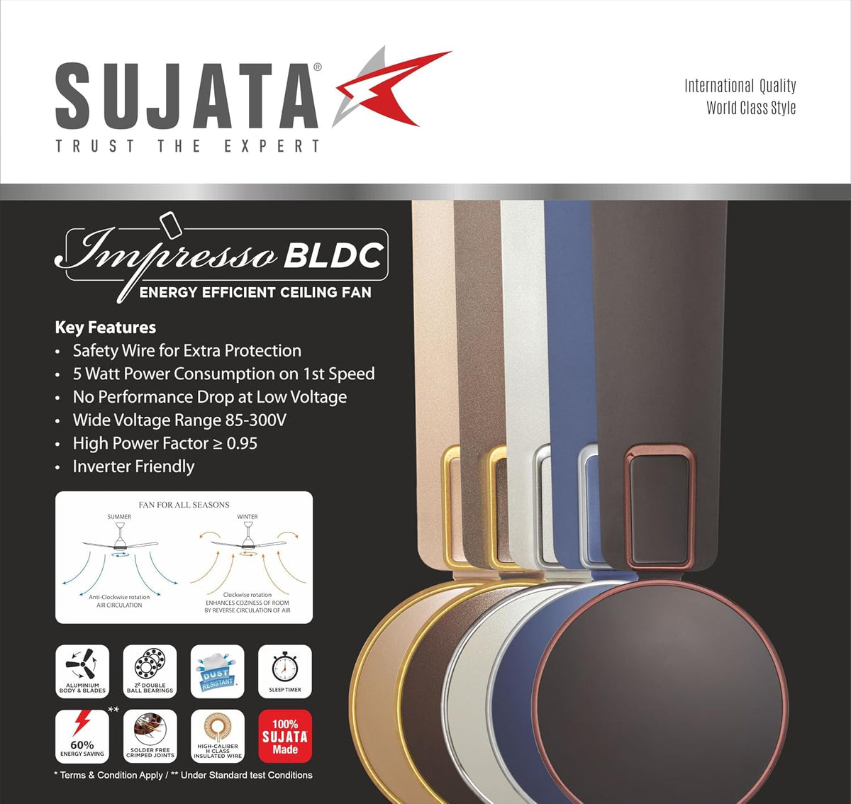 Sujata Impresso BLDC 1200 mm Ceiling Fan with Remote | BEE Star Rated, H-Class Insulation, 3 Years Warranty-5
