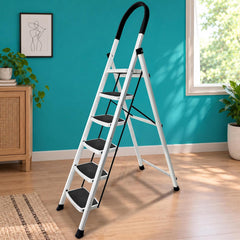 HOUZA Steel Ladder for Home 6 Steps Foldable with Anti-Skid Wide Steps (30cm x 20cm) | 6 Step Ladder for Home Use with D-Shape Rods | Secure Lock | 150 Kg Capacity Folding Ladder | 5 Year Warranty