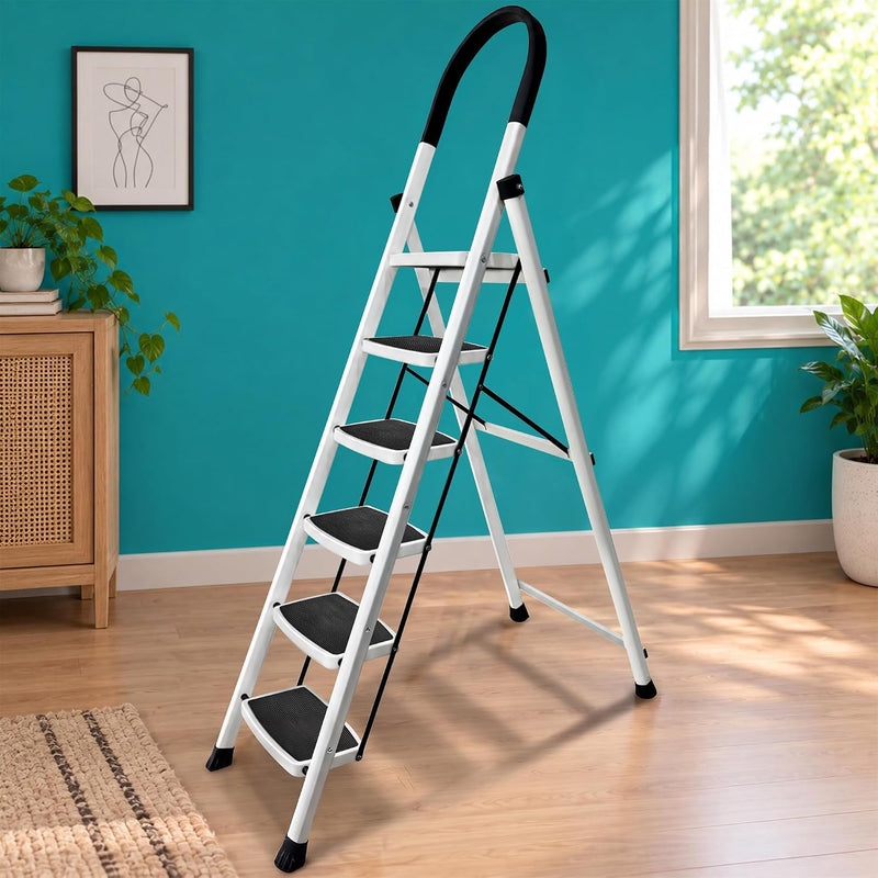 HOUZA Steel Ladder for Home 6 Steps Foldable with Anti-Skid Wide Steps (30cm x 20cm) | 6 Step Ladder for Home Use with D-Shape Rods | Secure Lock | 150 Kg Capacity Folding Ladder | 5 Year Warranty
