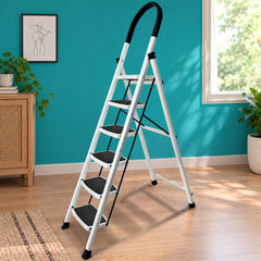 HOUZA Steel Ladder for Home 3 Steps Foldable with Anti-Skid Wide Steps (30cm x 20cm) | 3 Step Ladder for Home Use with D-Shape Rods | Secure Lock | 150 Kg Capacity Folding Ladder | 5 Year Warranty