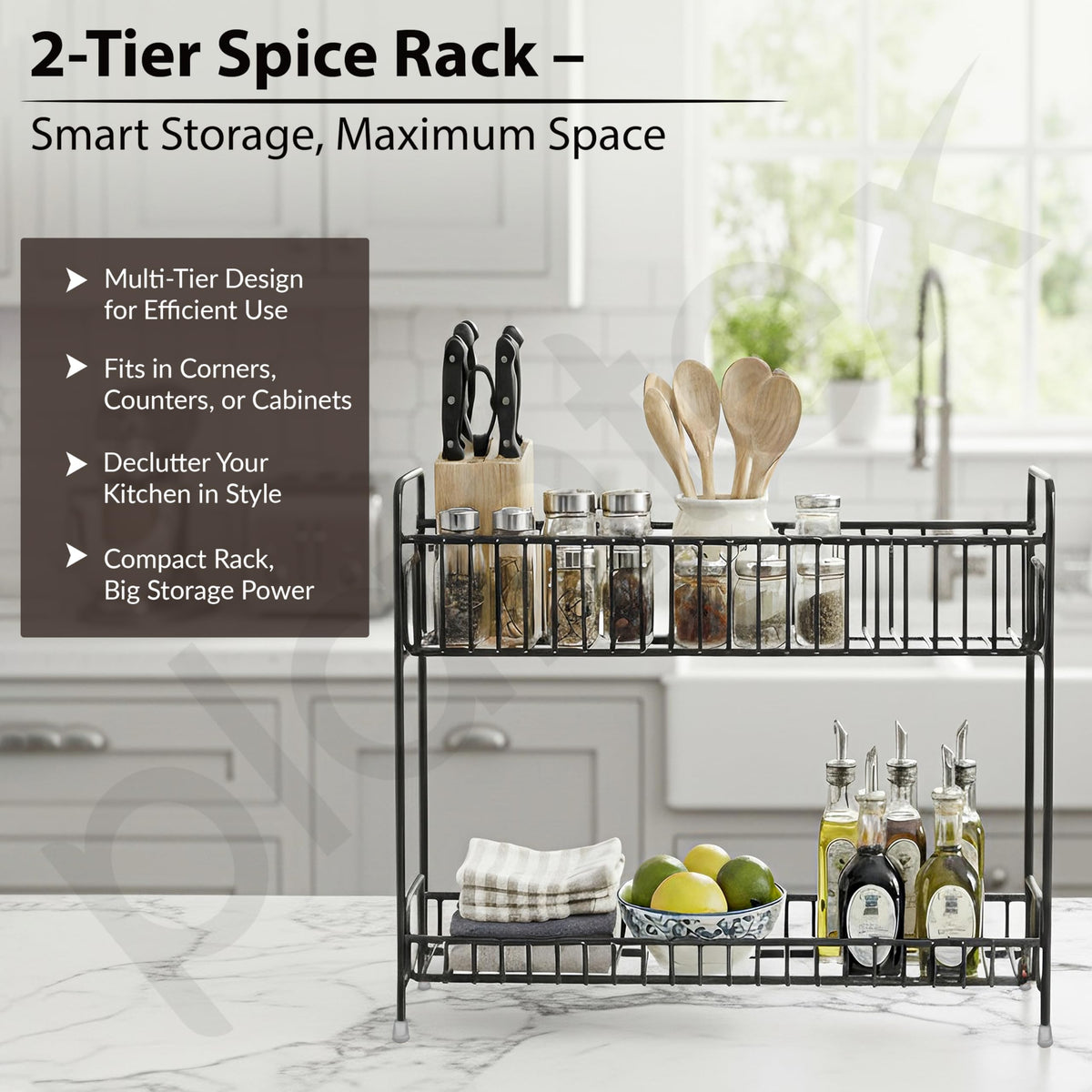 Plantex Kitchen Organizer Rack/Spice/Masala Rack Stand for Oil Bottles, Containers & Spices, Table Top/2 Tier Bathroom Storage Shelf Organizer-(Black, Metal)-6