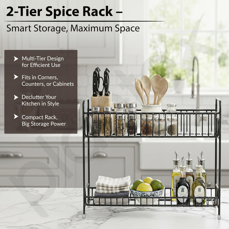 Plantex Kitchen Organizer Rack/Spice/Masala Rack Stand for Oil Bottles, Containers & Spices, Table Top/2 Tier Bathroom Storage Shelf Organizer-(Black, Metal)-6