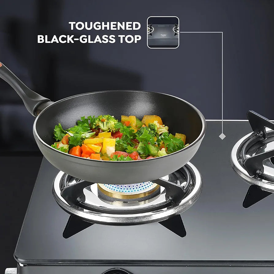 Prestige Efficia LP Open Gas Stove with Powder-Coated Body, Glass Top & 3 Brass Burners