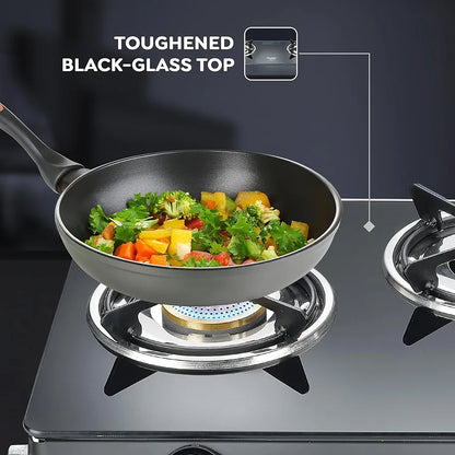 Prestige Efficia LP Open Gas Stove with Powder-Coated Body, Glass Top & 3 Brass Burners