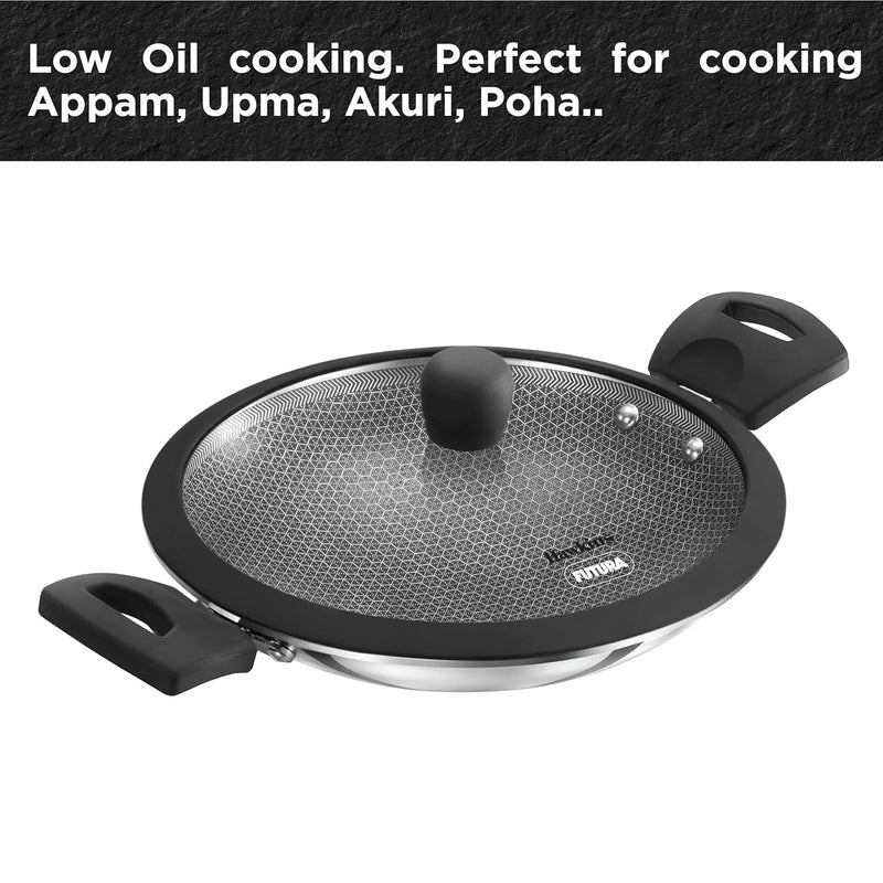 Hawkins 1.25L Breakfast Pan, Nonstick Triply Stainless Steel Appachatty with Glass Lid, Chetty Pan, Appam Patra, Honeycomb Round Bottom Small Kadai, Siler (NSA125G)