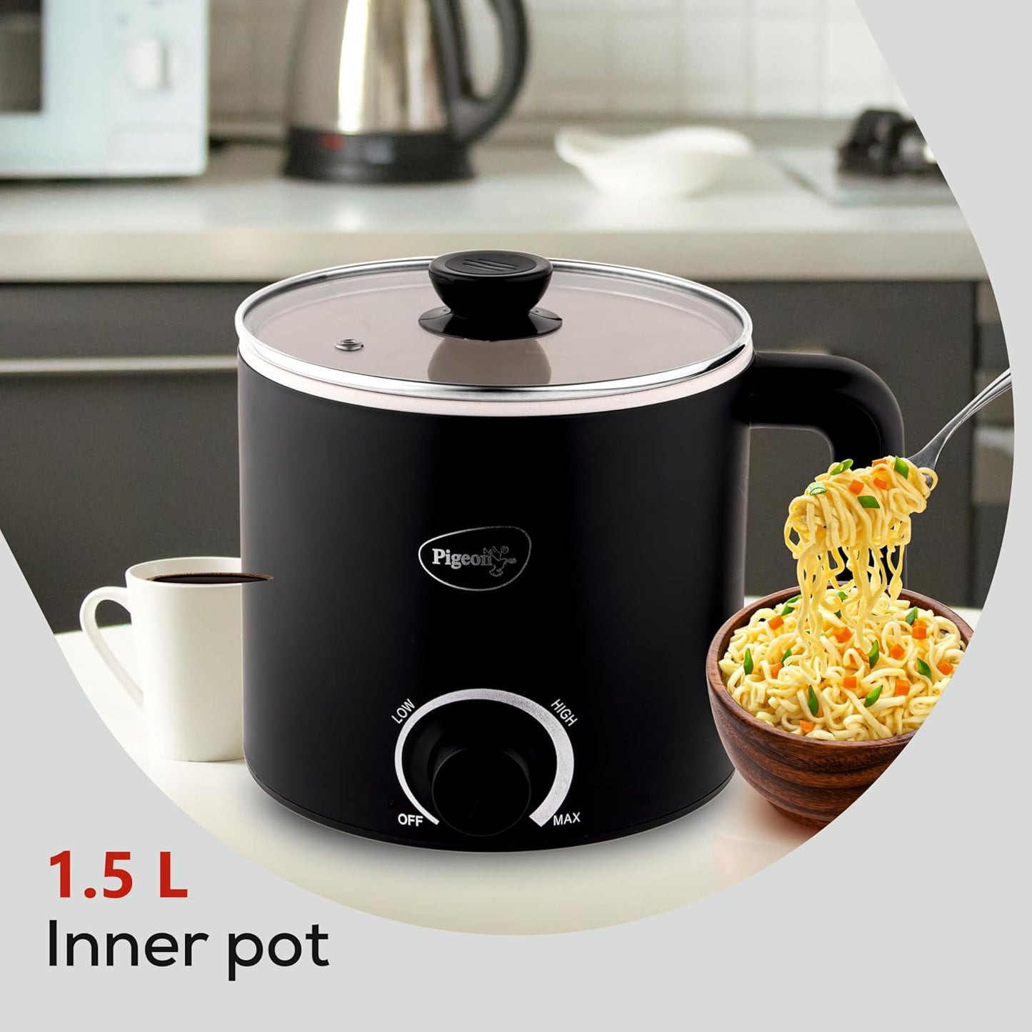 Pigeon By Stovekraft Swift Multi-Cook Kettle 1.5L, Egg Rack - Black | Double Layered | Food Grade Stainless Steel Inner Wall | Glass Lid | Auto Shut-Off, 600 Watts