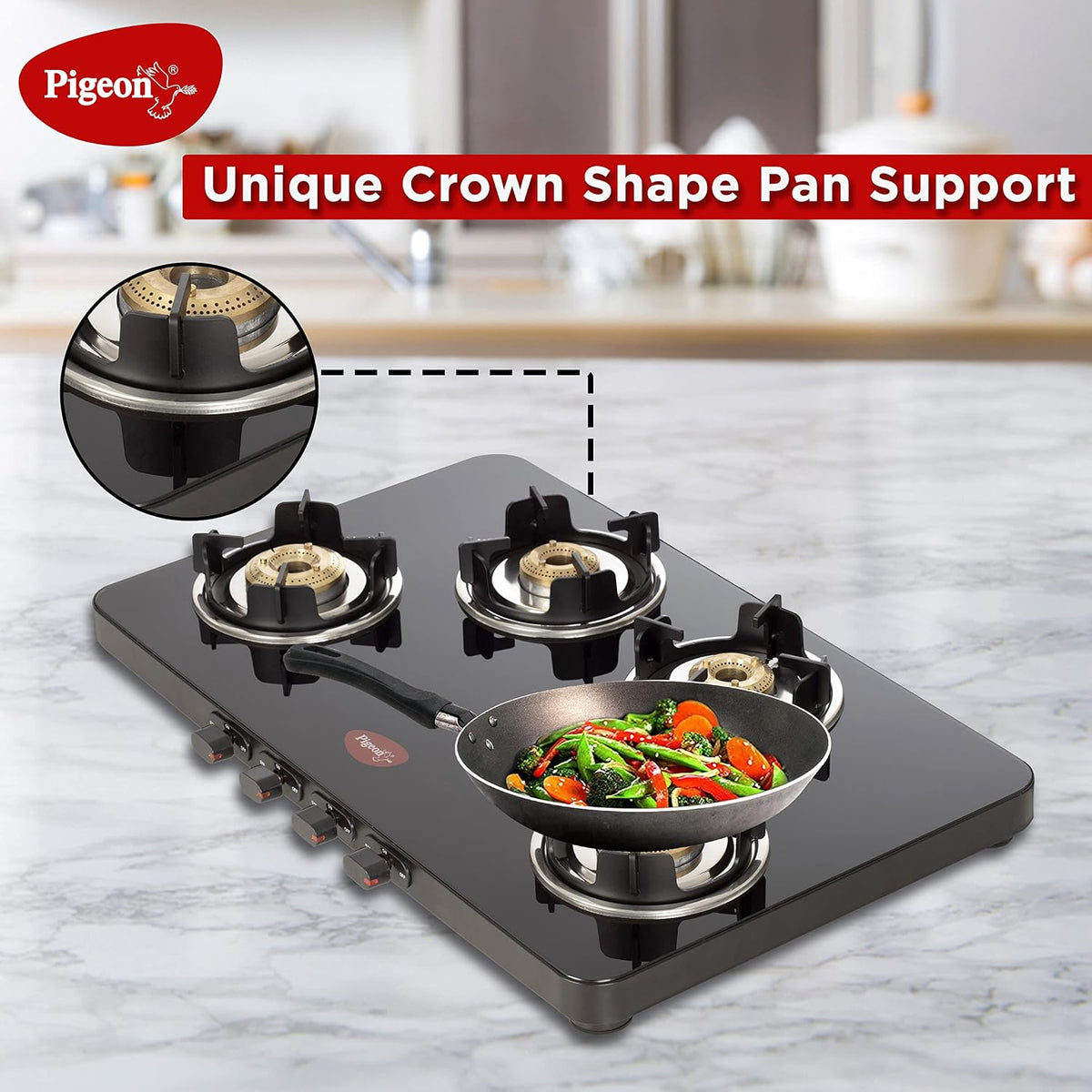 Pigeon by Stovekraft Sleek 4 Burner Ultra Slim Gas Stove with Glass Top, Tempered Glass, Manual, Black