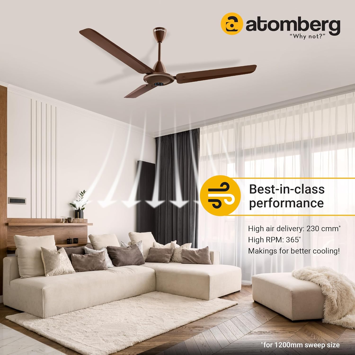atomberg Ikano 1200mm BLDC Ceiling Fan with Remote Control | BEE 5 star Rated Energy Efficient Ceiling Fan | High Air Delivery with LED Indicators | 3 Year Warranty (Gloss Brown)