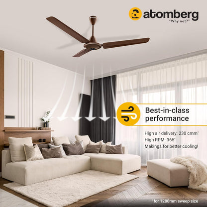 atomberg Ikano 1200mm BLDC Ceiling Fan with Remote Control | BEE 5 star Rated Energy Efficient Ceiling Fan | High Air Delivery with LED Indicators | 3 Year Warranty (Gloss Brown)