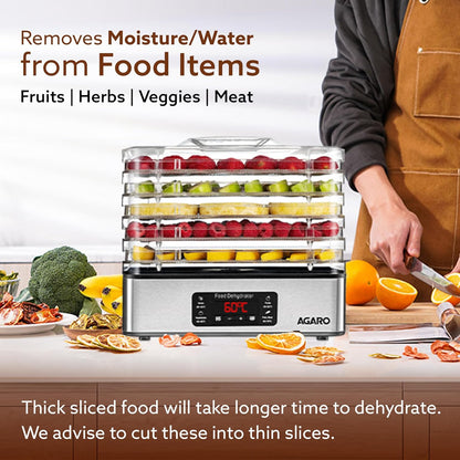 AGARO Regal Food Dehydrator, 5 Stackable Stainless Steel Trays, Digital Adjustable Timer & Temperature Control, Food Preserver Machine with Drying Capacity for Fruits, herbs, Veggies, Silver