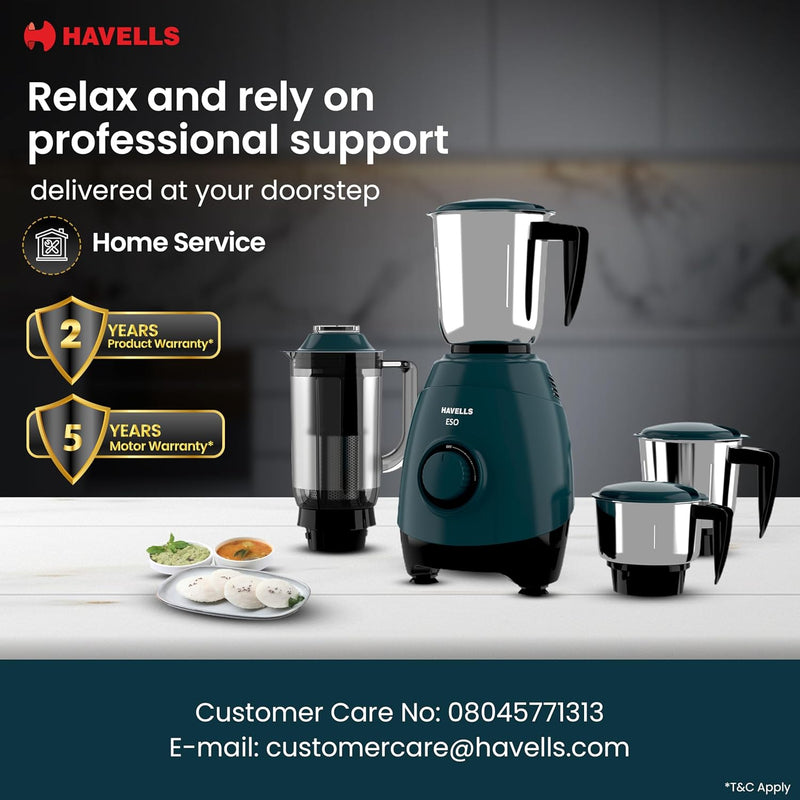 Havells ESO 750 Watt Mixer Grinder | 4 Jars (3 Stainless Steel + 1 Juicer Jar) | Heavy-Duty ABS Body | Powerful Motor | Wider Mouth Blades | Handles on All Jars | 2-Year Product Warranty (Teal)