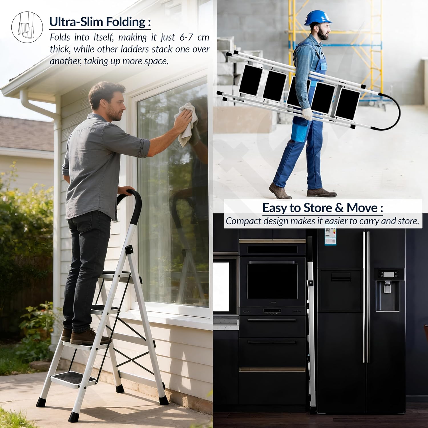 Plantex Ladder for Home 5 Steps/Foldable Ladder with Anti-Skid Wide Steps (30L x 20W cm)/Strong D-Shape Pipe with X-Support for More Stability/5 Year Warranty(Apex-White)