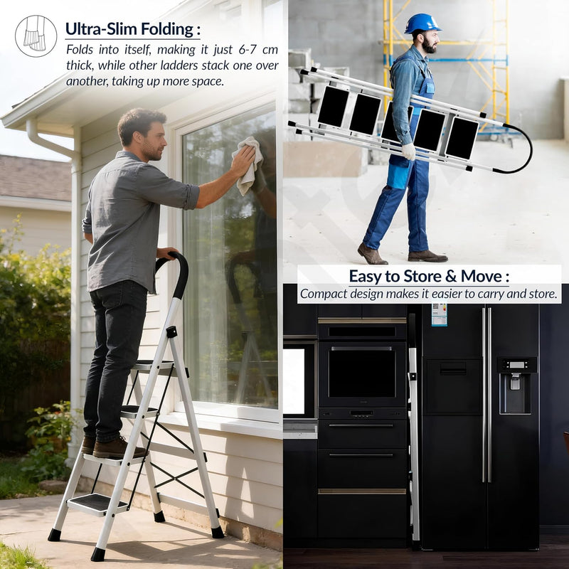 Plantex Ladder for Home 5 Steps/Foldable Ladder with Anti-Skid Wide Steps (30L x 20W cm)/Strong D-Shape Pipe with X-Support for More Stability/5 Year Warranty(Apex-White)